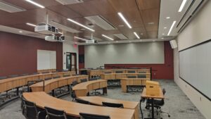 View from the southeast corner of the room, with entrance/exit doors on the northwest corner.