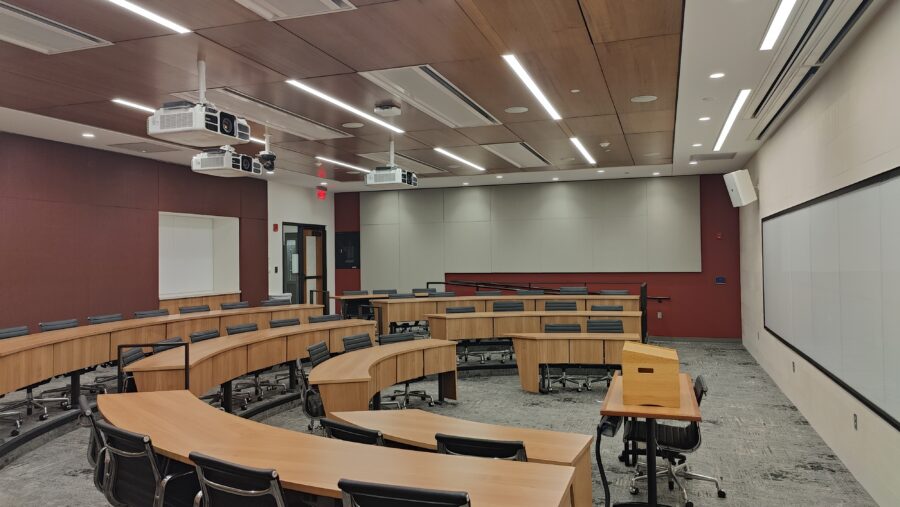 View from the southeast corner of the room, with entrance/exit doors on the northwest corner.