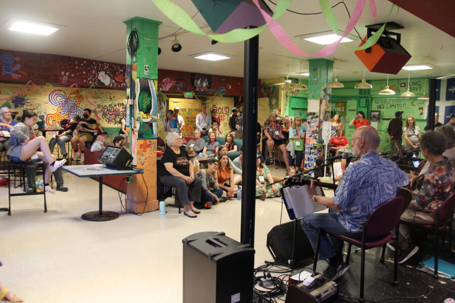 A Too Many String Band performance at Reunion in Bob's Underground.