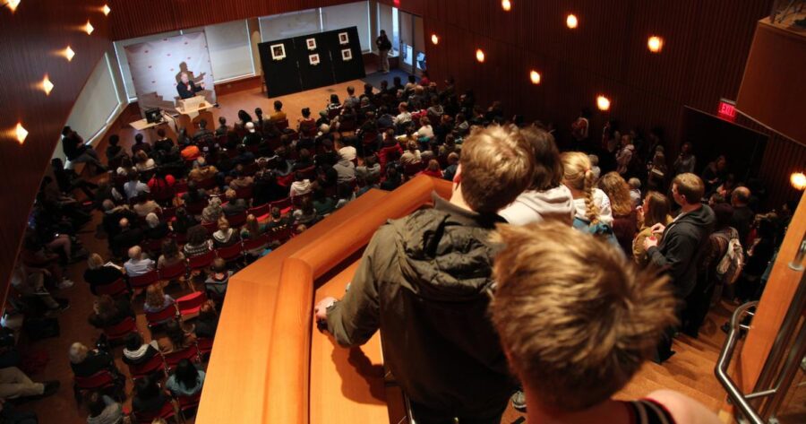 An aerial view of JRC 101, the largest conference space in the Rosenfield Campus Center.