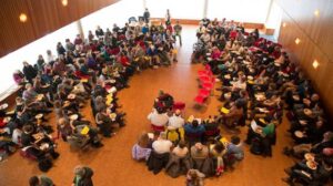 A birds-eye view of a townhall meeting in JRC 101.