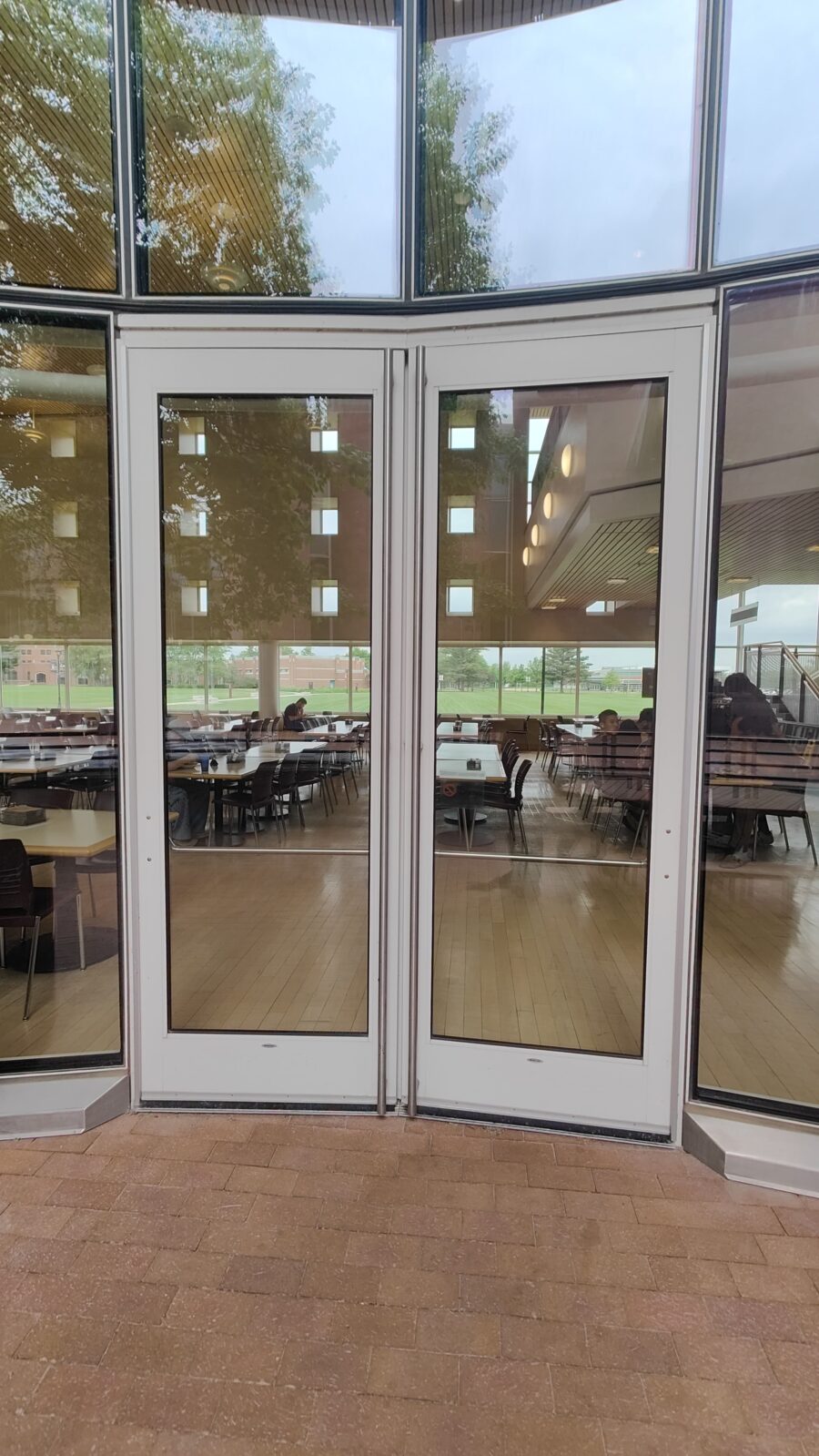 Doors leading from JRC courtyard into the JRC dining hall - locked this direction except for special occasions. These are normally exit-only doors.
