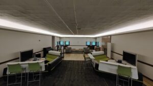Younker Lounge view towards entrance and kitchen area in far left