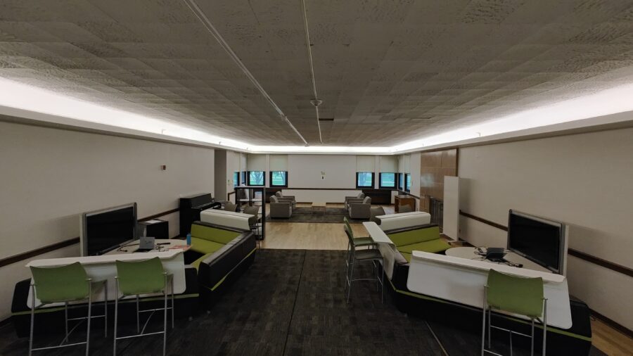 Younker Lounge view towards entrance and kitchen area in far left